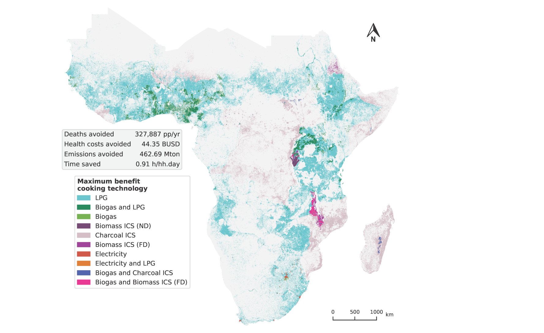 Map of optimal clean cooking technologies produced by the OnStove model.